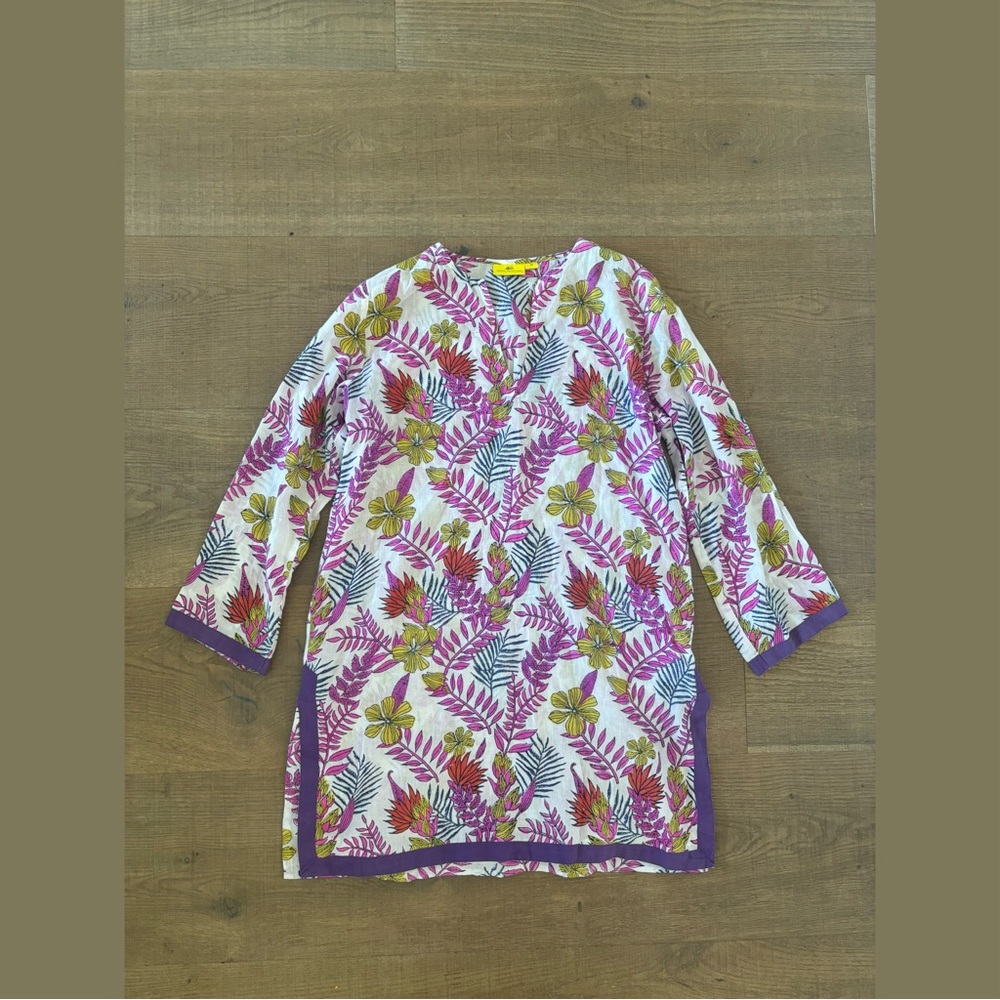 roberta roller rabbit leaf print tropical slit side tunic top